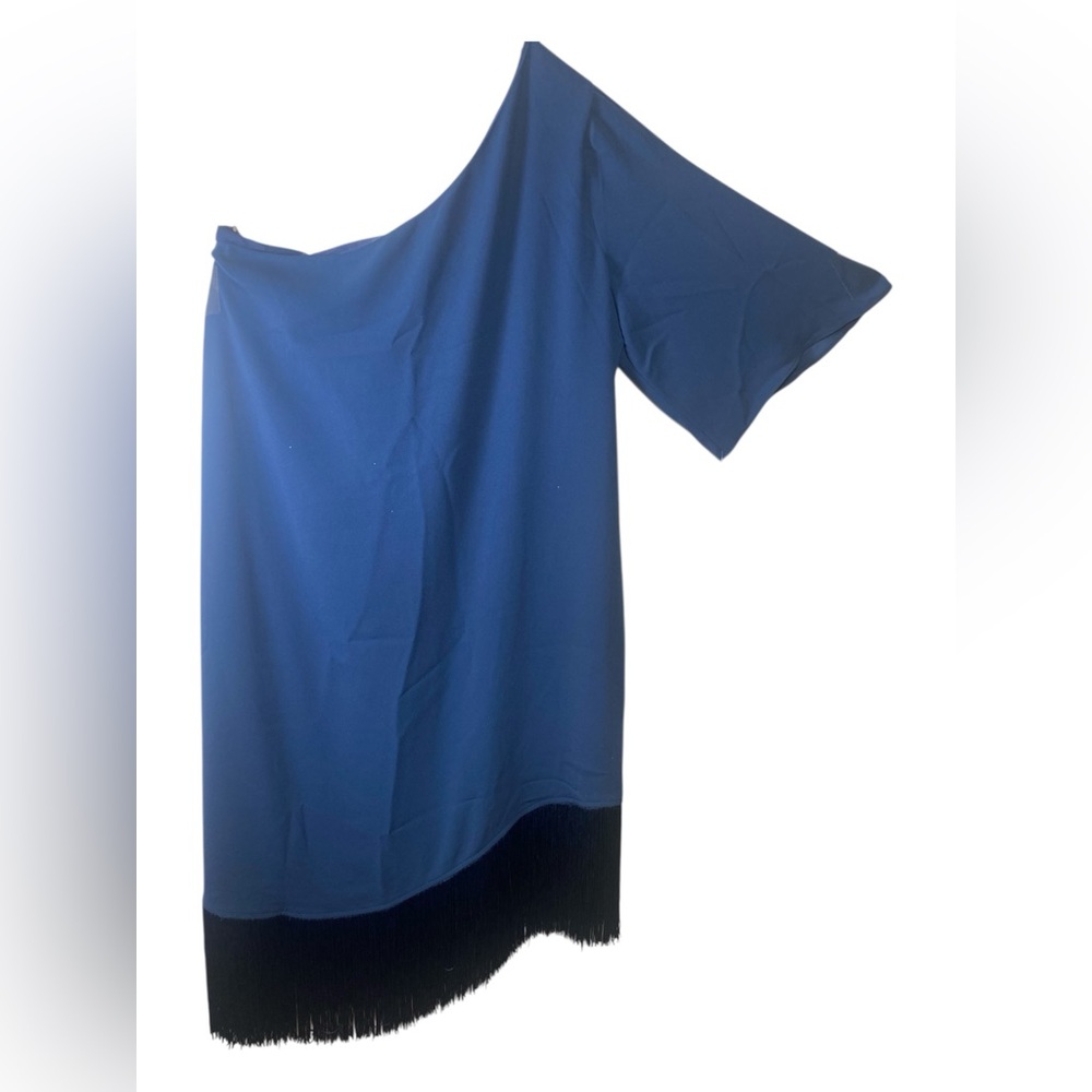 Trina Turk Navy One-Shoulder Blouse Fringe, Ice Blue, Cutout - Picture 2 of 5